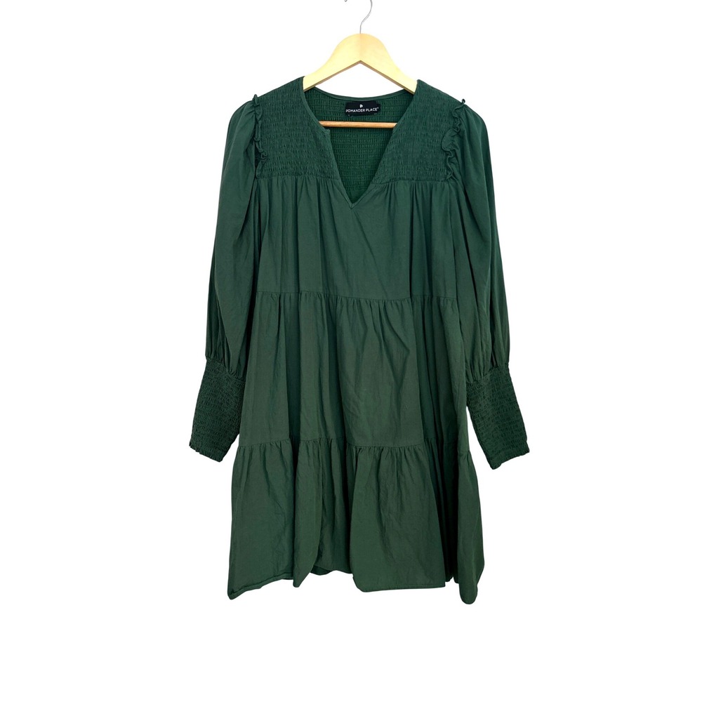 Pomander Place Womens Green Smocked Tiered Cotton Mini Dress Size Medium - Picture 3 of 9